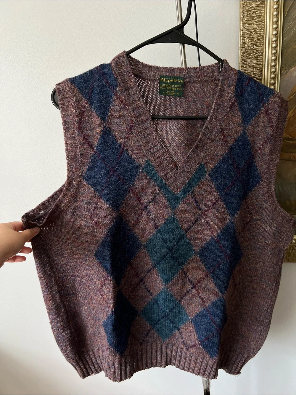 Fitzpatrick Ireland 100% Pure Shetland Wool V-Neck Sweater Vest Argyle Men 40